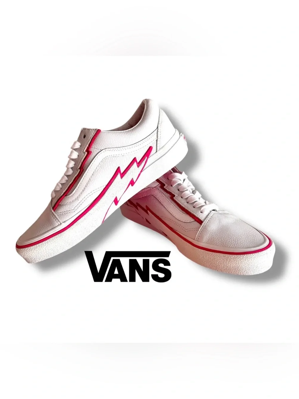 Vans Old Skool Bolt Pop Pink Glow White Leather Sneakers Size 7.5 - Picture 2 of 9